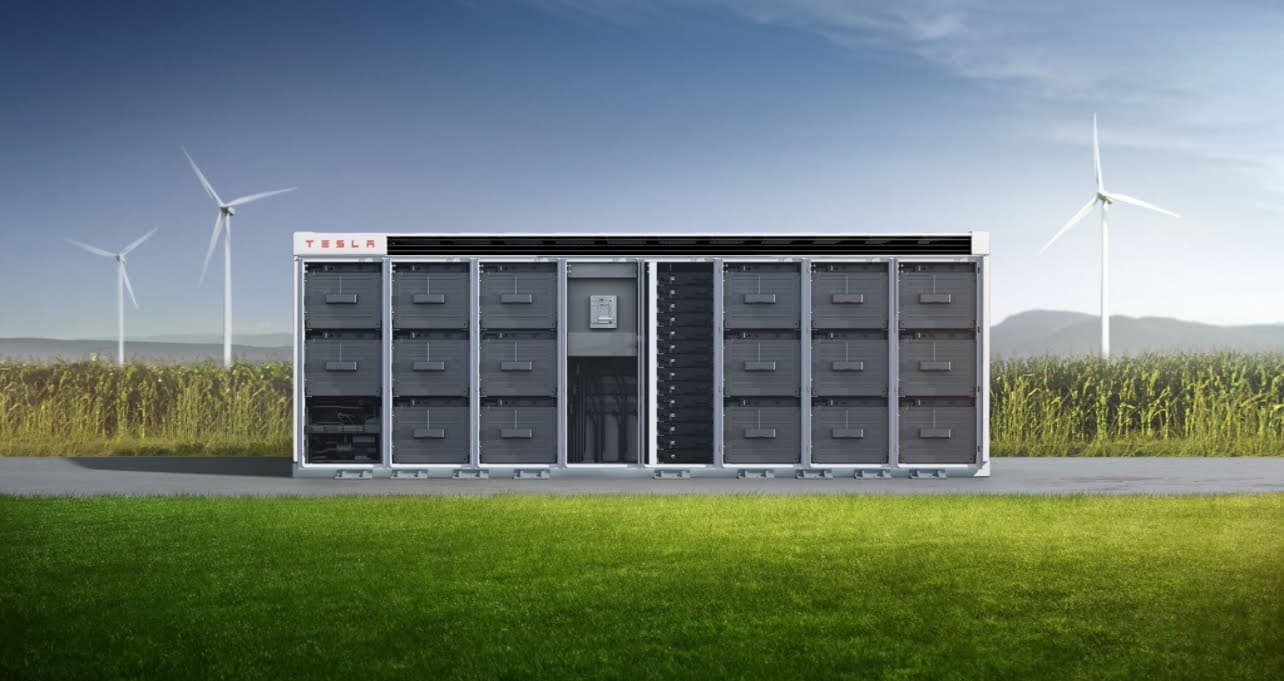 Tesla Megapack energy storage with wind turbines