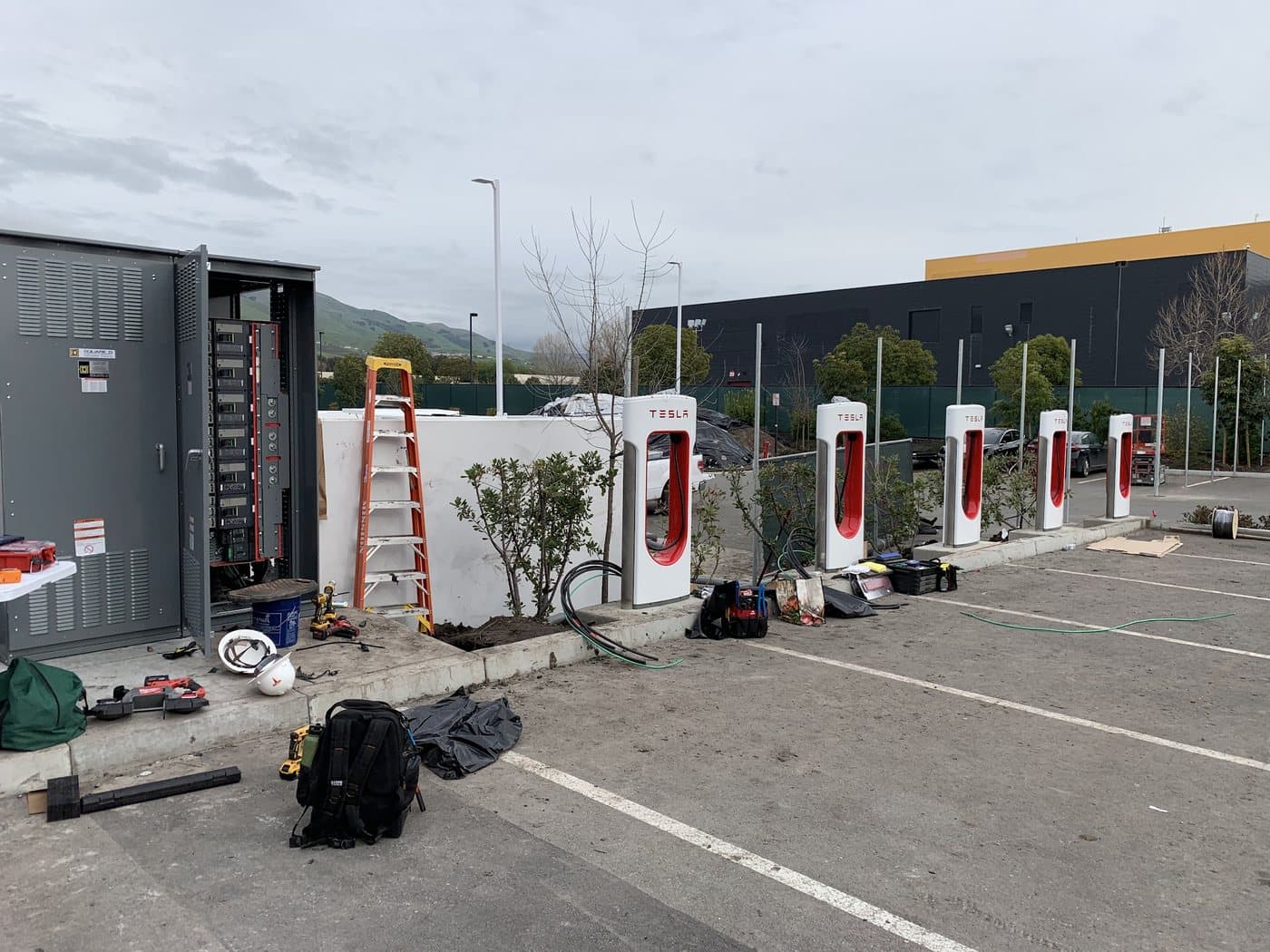 Commercial EV charging stations in a parking lot